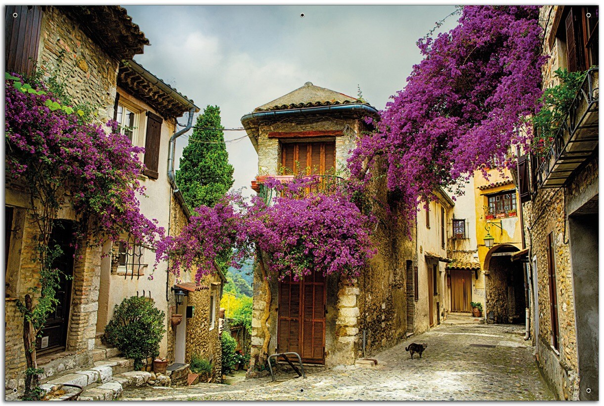 Gartenposter ca. 60 x 90 cm Malerische Stadt in der Provence mit bunten Blumen