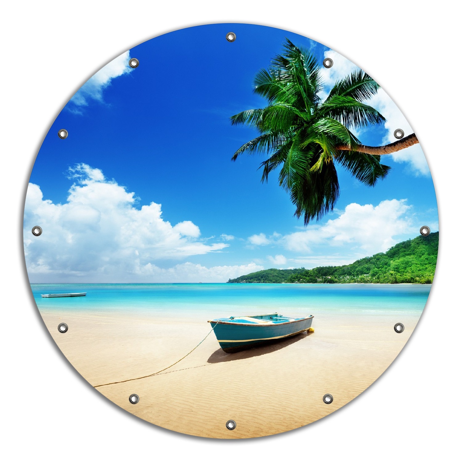 Wallario Gartenposter ca. 120 x 180 cm Urlaub am Palmenstrand unter Palmen mit Fischerboot 