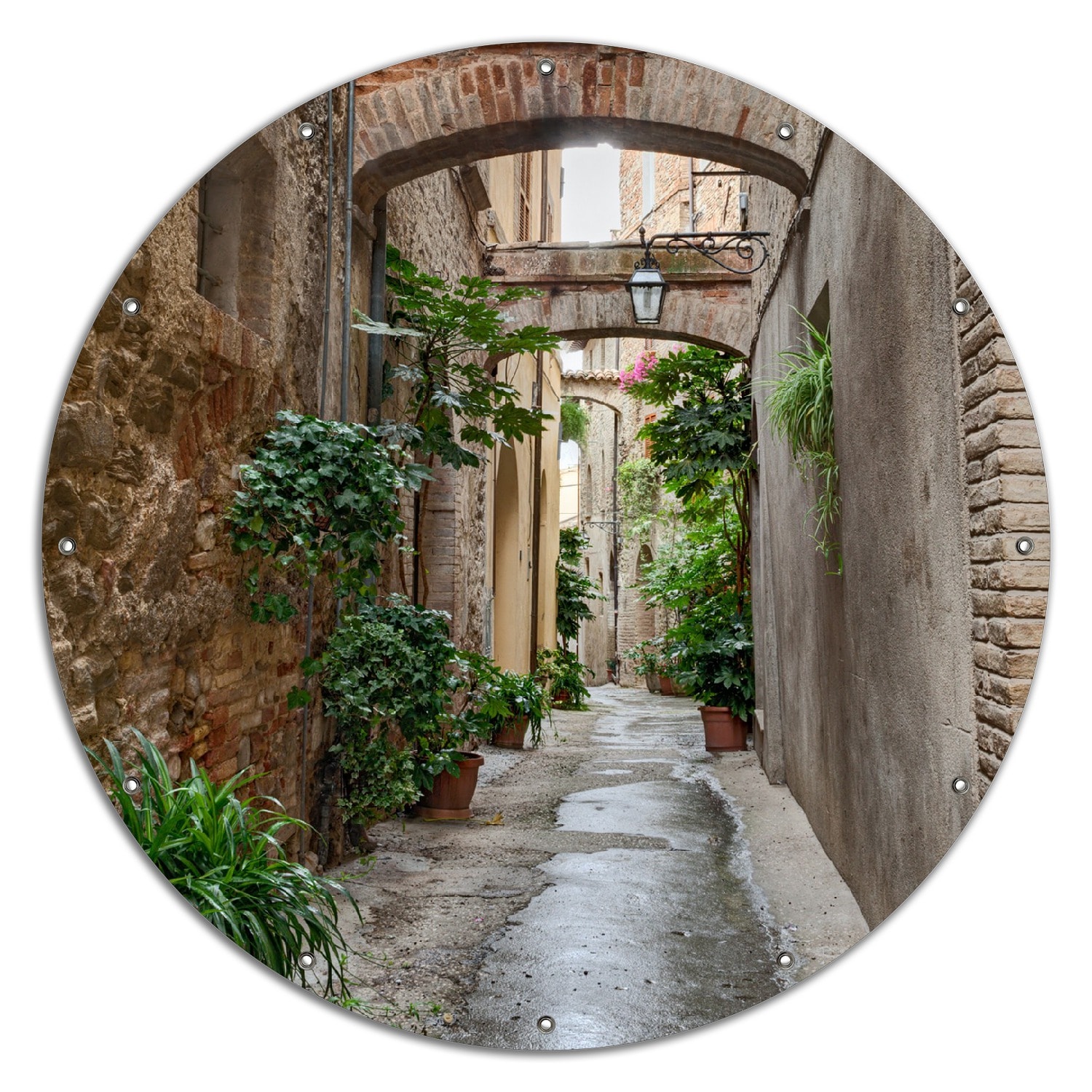 Wallario Gartenposter ca. 180 x 180cm, 2-teilig Gr&uuml;ne italienische Gasse - mit alten B&ouml;gen 