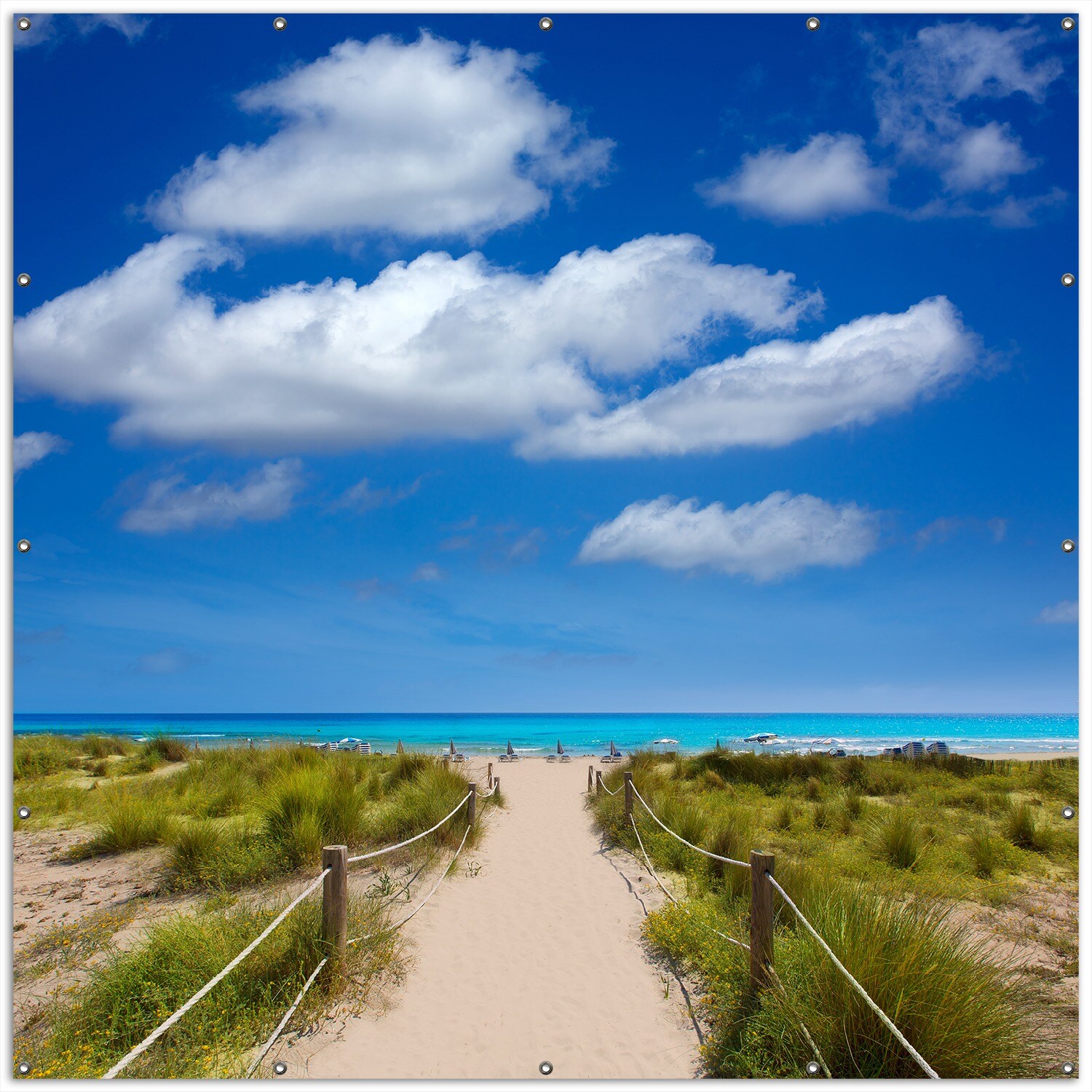 Gartenposter ca. 60 x 90 cm Sandweg zum blauen Meer mit blauem Himmel
