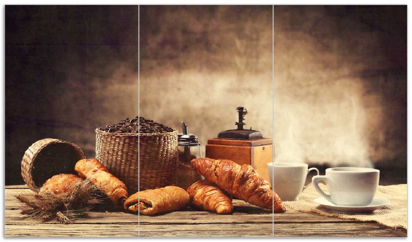Wallario Herdabdeckplatte 80 x 52 cm (BxH), 1-teilig Franz&ouml;sisches Fr&uuml;hst&uuml;ck mit Caf&eacute; und Croissants 