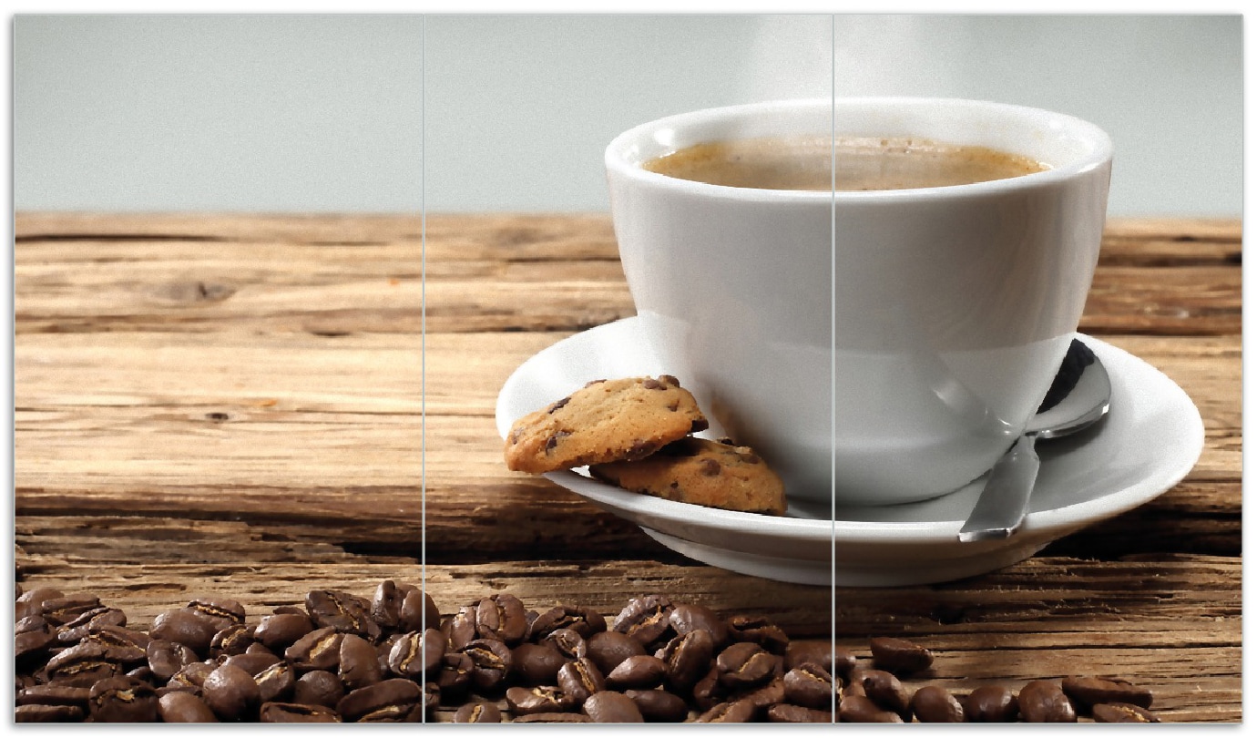 Wallario Herdabdeckplatte 80 x 52 cm (BxH), 2-teilig Hei&szlig;e Tasse Kaffee mit Kaffeebohnen 