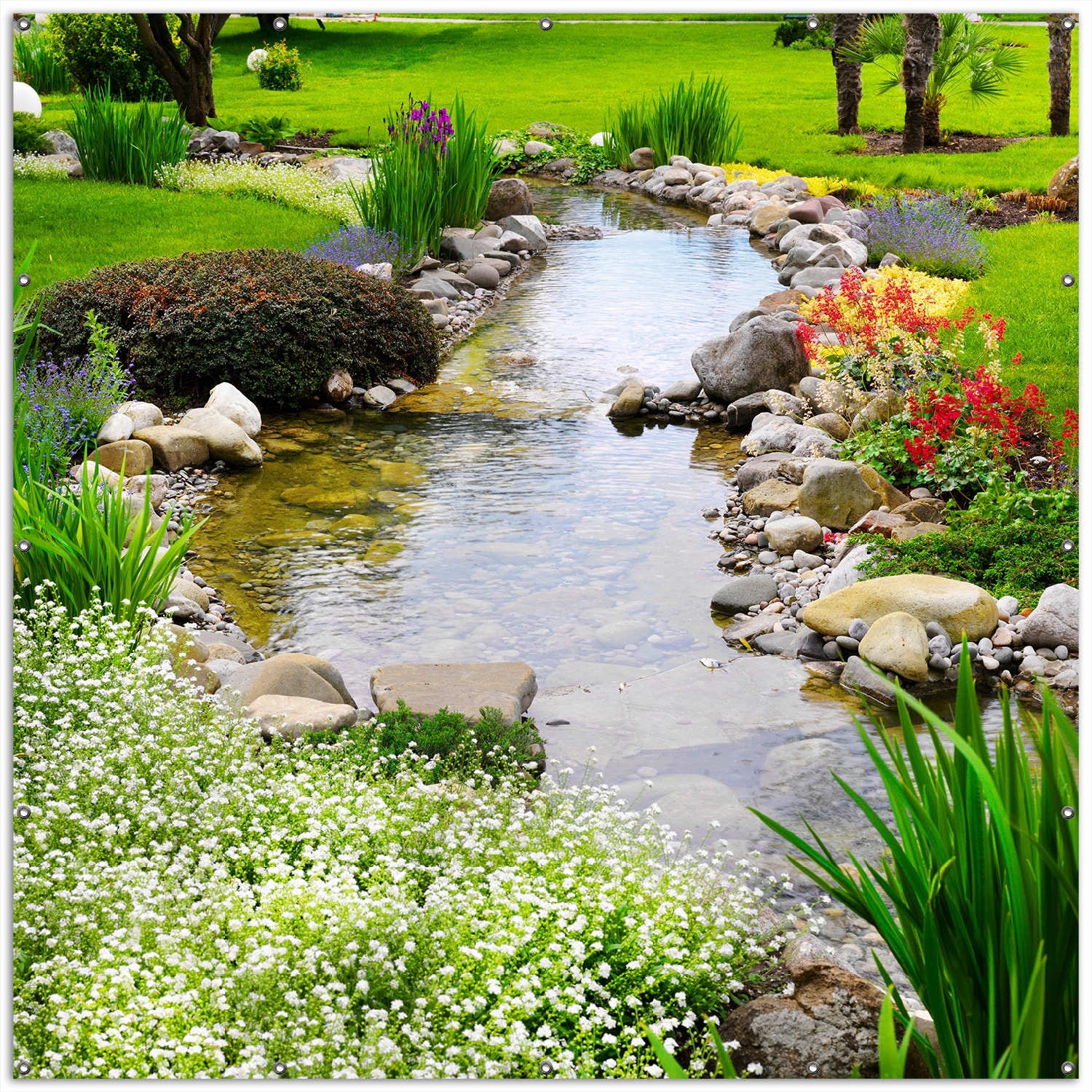 Wallario Gartenposter ca. 60 x 90 cm Blumen am Teich 