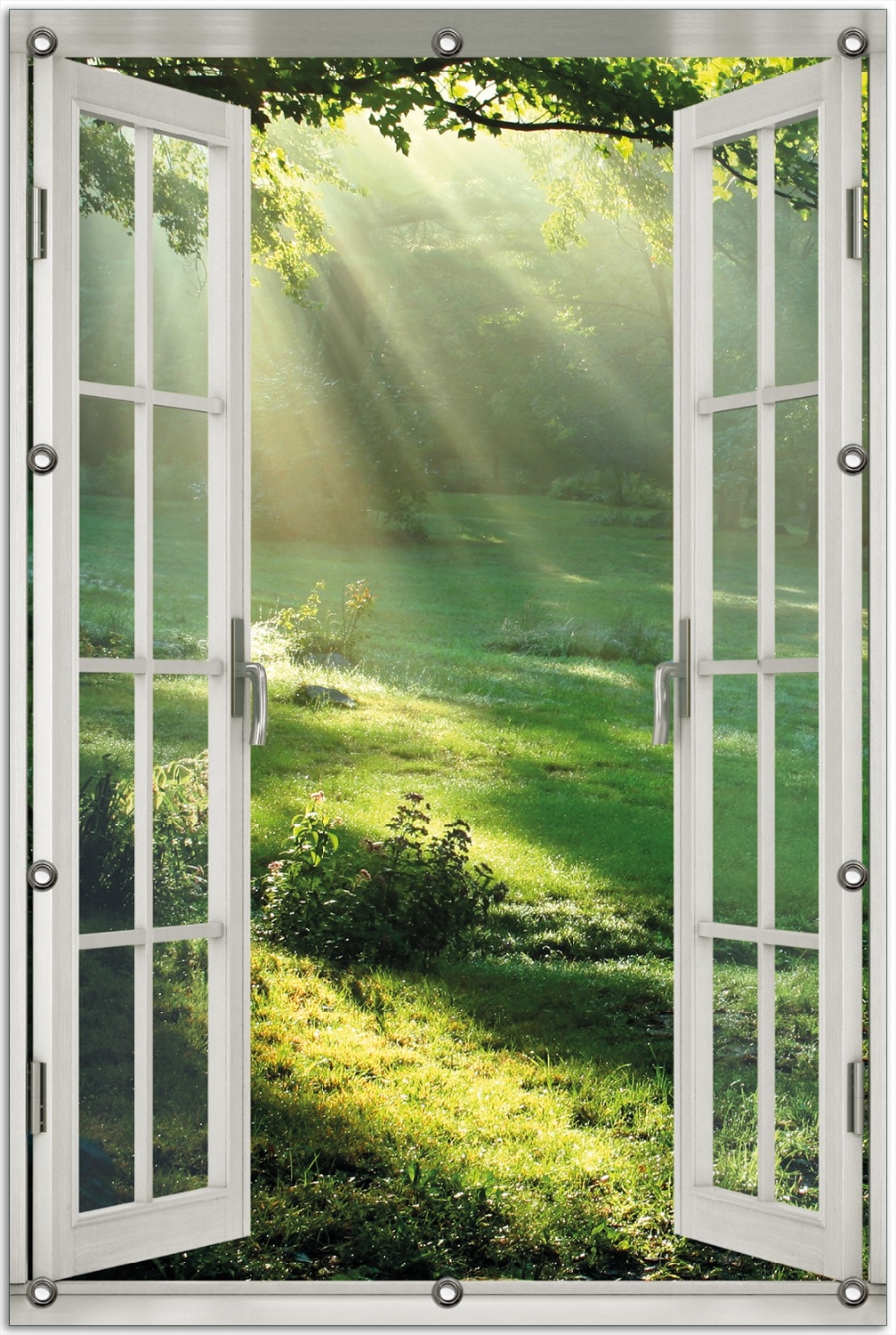Wallario Gartenposter ca. 80 x 120 cm Fenster-Illusion Sonnenstrahlen im Wald 