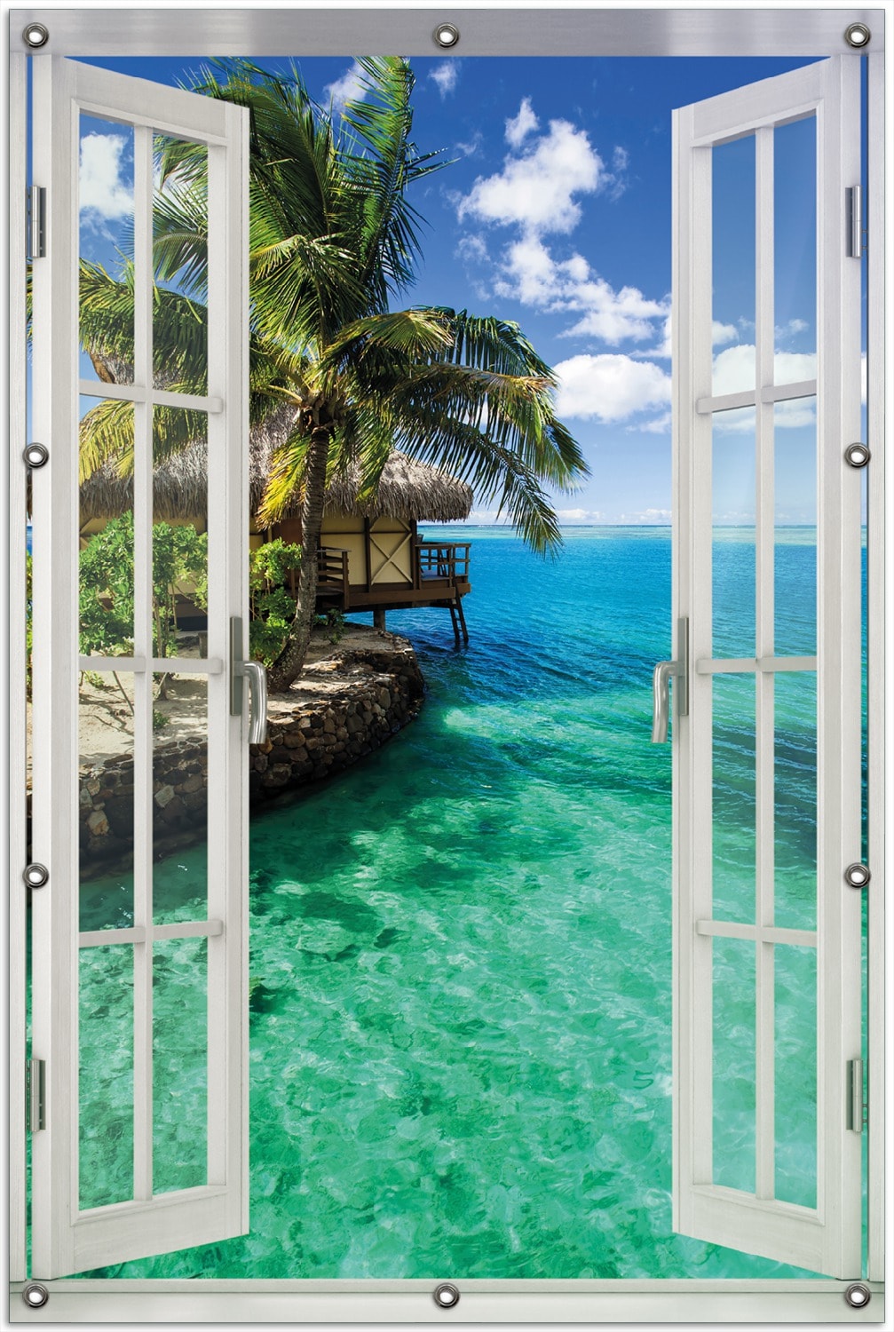 Wallario Gartenposter ca. 80 x 120 cm Fenster-Illusion Karibisches Meer ? Einsame H&uuml;tte unter Palmen 