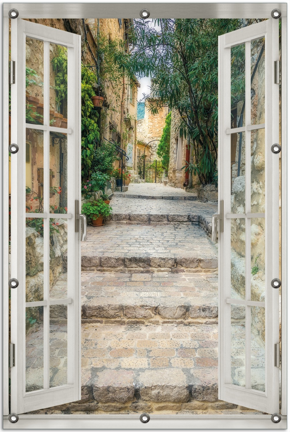 Wallario Gartenposter ca. 100 x 150 cm mit Fenster-Illusion Alte steinerne Gasse in S&uuml;dfrankreich 