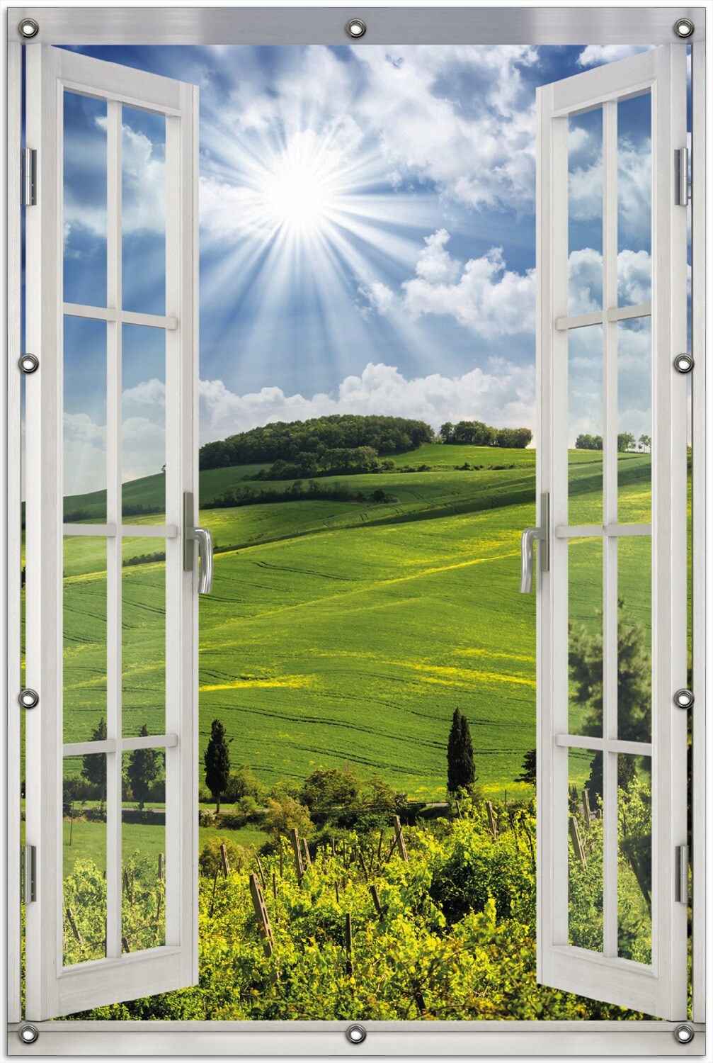 Gartenposter ca. 60 x 90 cm mit Fenster-Illusion Strahlender Sonnenschein