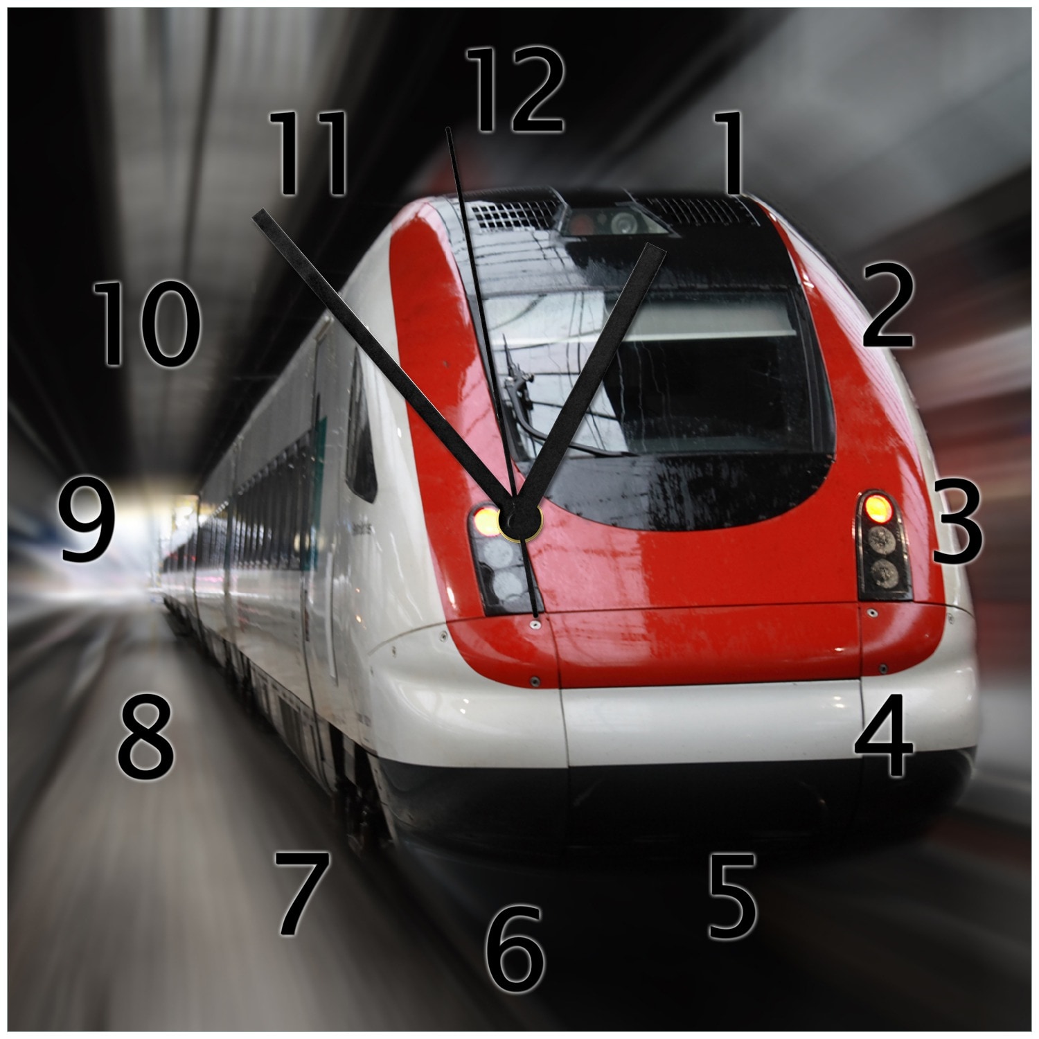 Wallario Uhr 30 x 30 cm, wei&szlig;e Zeiger Fahrender Zug von vorn in rot- Perspektive von vorn 