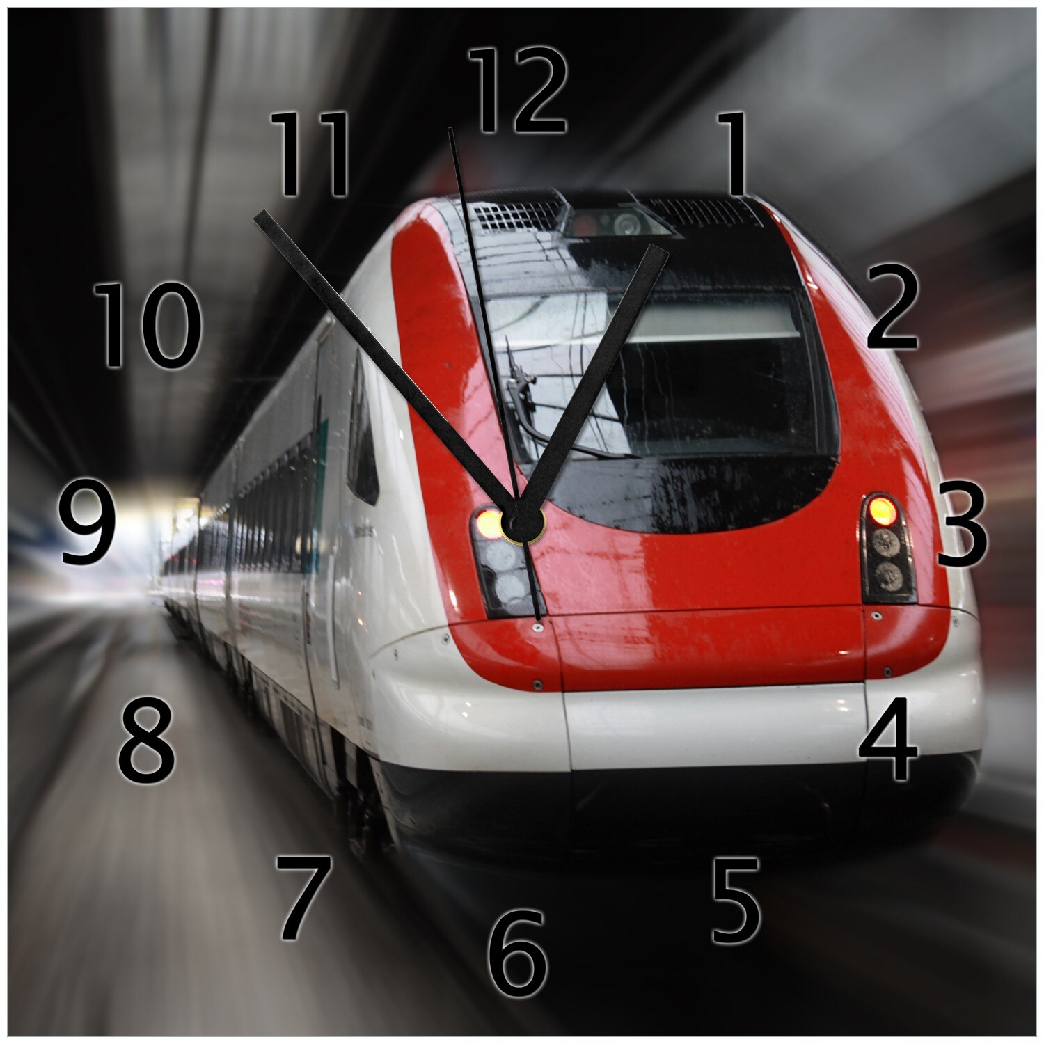 Wallario Uhr 30 x 30 cm, weiße Zeiger Fahrender Zug von vorn in rot- Perspektive von vorn