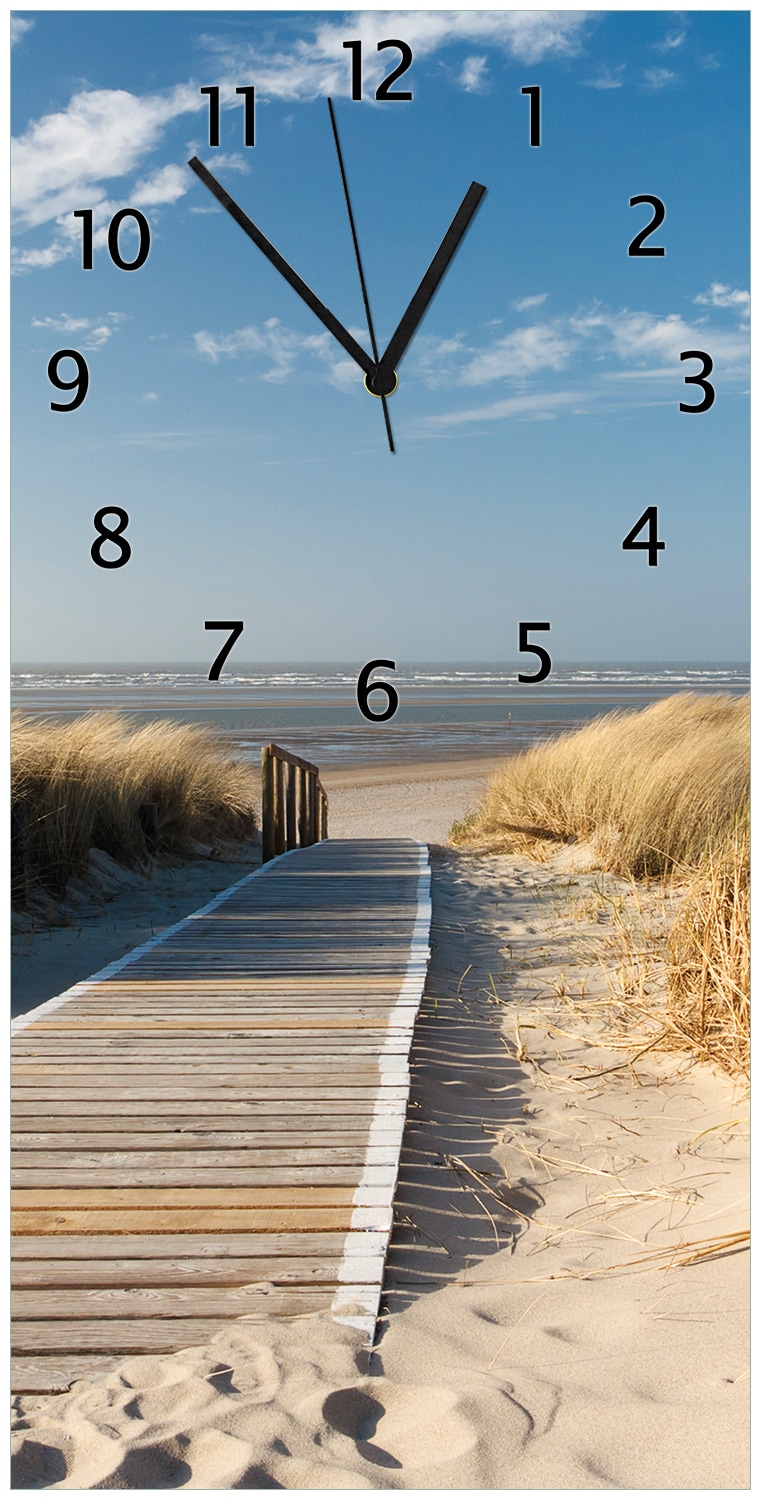 Wallario Uhr 30 x 30 cm, wei&szlig;e Zeiger Auf dem Holzweg zum Strand 