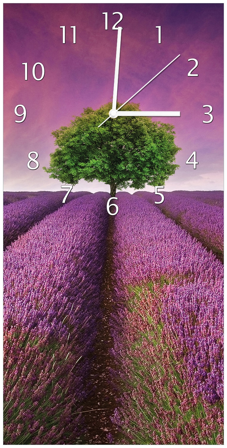 Wallario Uhr 30 x 30 cm, wei&szlig;e Zeiger Lila Blumenfeld 