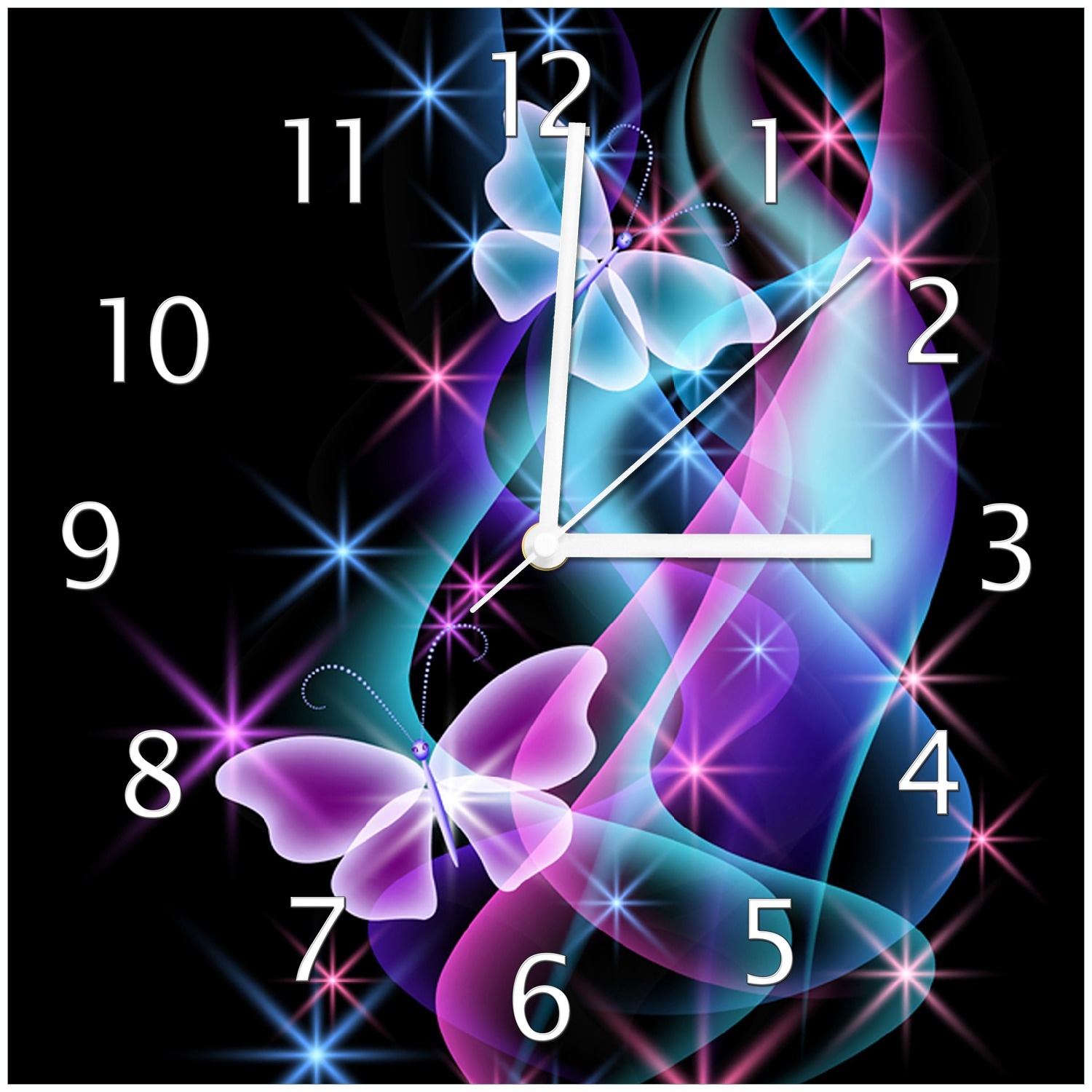 Wallario Uhr 30 x 30 cm, wei&szlig;e Zeiger Schmetterlinge in bunten, strahlenden Farben 