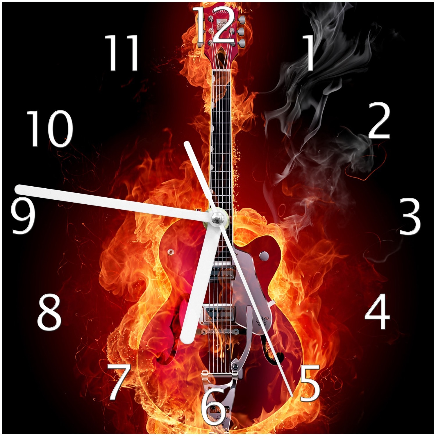 Wallario Uhr 30 x 30 cm, wei&szlig;e Zeiger Brennende Gitarre 