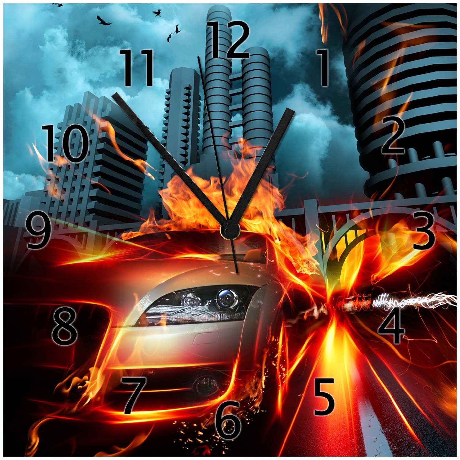 Wallario Uhr 30 x 30 cm, wei&szlig;e Zeiger Brennendes  fahrendes Auto 