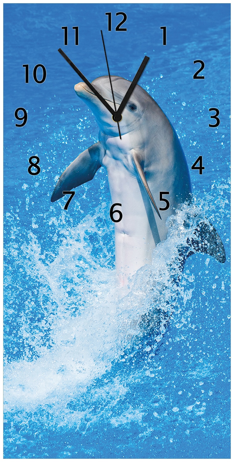 Wallario Uhr 30 x 30 cm, wei&szlig;e Zeiger Fr&ouml;hlicher Delfin im blauen Wasser 