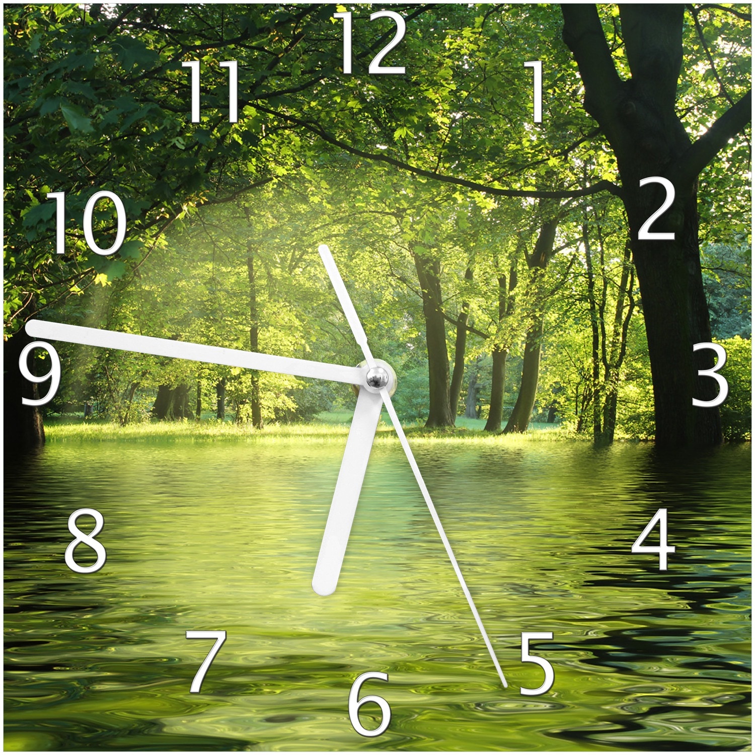 Wallario Uhr 30 x 30 cm, wei&szlig;e Zeiger Idyllischer See im Wald bei Sonnenschein 