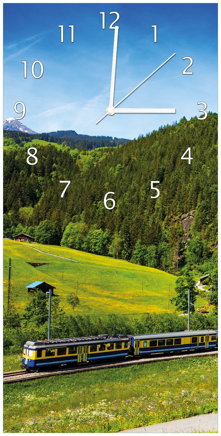Wallario Uhr 30 x 30 cm, wei&szlig;e Zeiger Eisenbahn in einer Sommerlandschaft in der Schweiz 