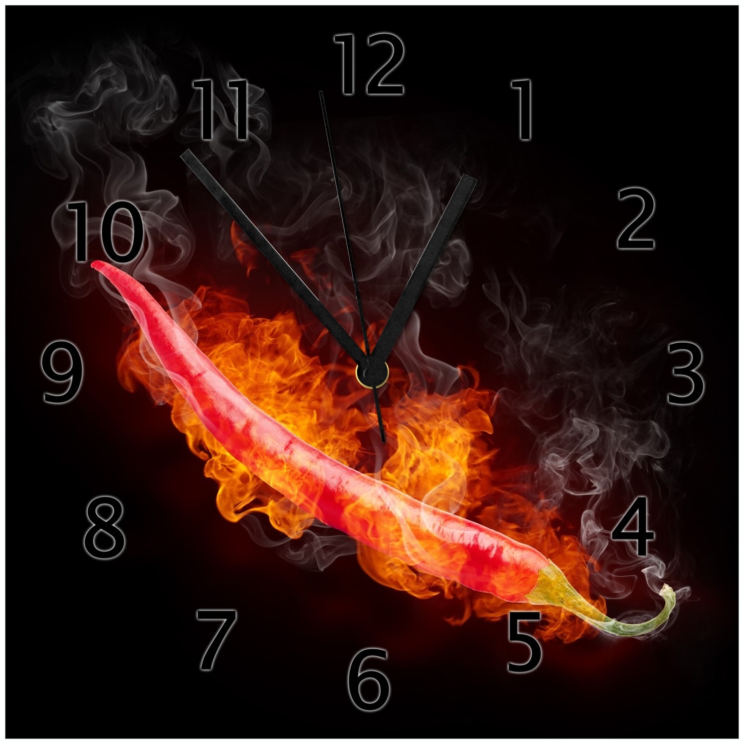Wallario Uhr 30 x 30 cm, wei&szlig;e Zeiger Hei&szlig;e, brennende Chili-Schote vor schwarzem Hintergrund 