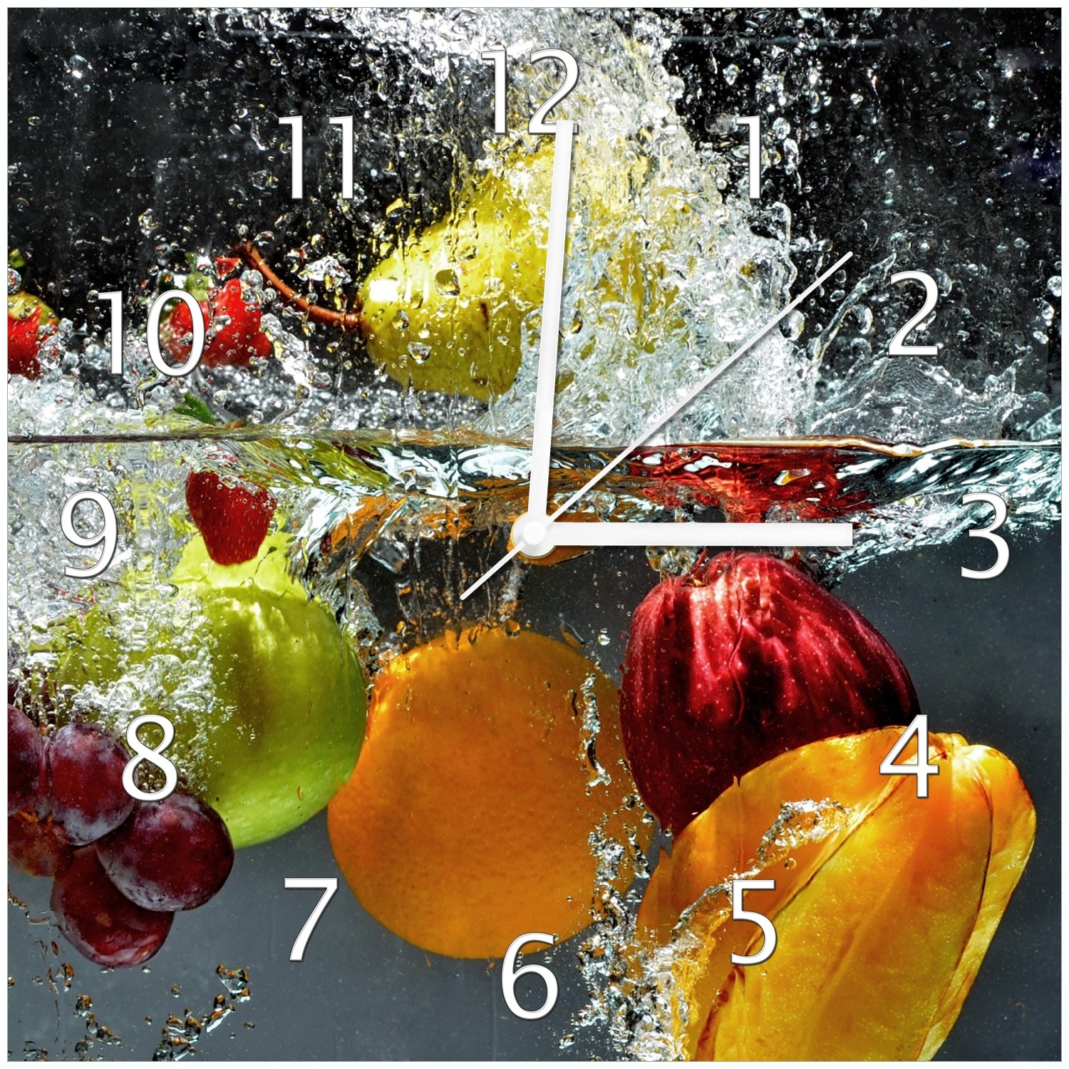 Wallario Uhr 30 x 30 cm, wei&szlig;e Zeiger Fr&uuml;chte im und unter Wasser - Splashing Fruits 