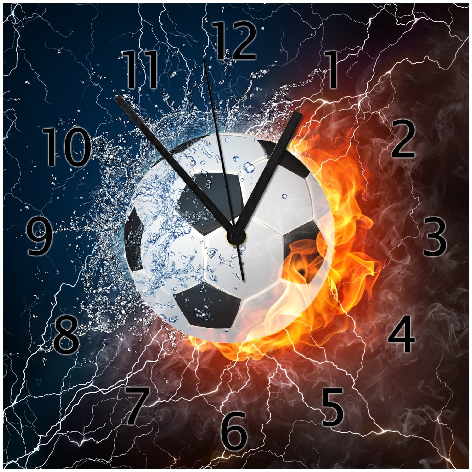 Wallario Uhr 30 x 30 cm, wei&szlig;e Zeiger Fu&szlig;ball - Feuer und Wasser 