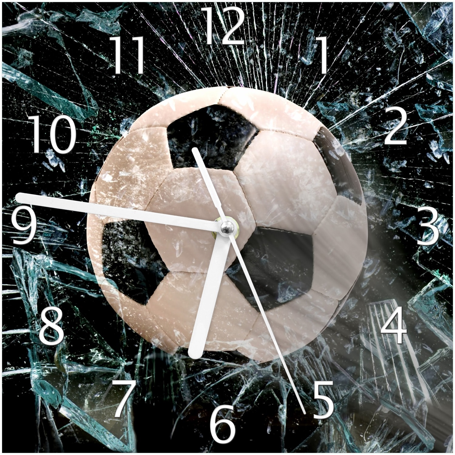 Wallario Uhr 30 x 30 cm, wei&szlig;e Zeiger Fu&szlig;ball - im Fenster, Splitter und Glas 