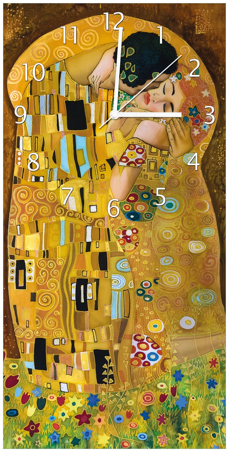 Wallario Uhr 30 x 30 cm, schwarze Zeiger Der Kuss von Klimt 