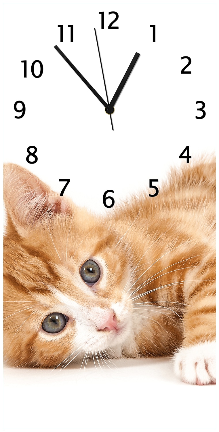 Wallario Uhr 30 x 30 cm, schwarze Zeiger S&uuml;&szlig;e Katze mit gro&szlig;en Augen - rot wei&szlig; getigert 