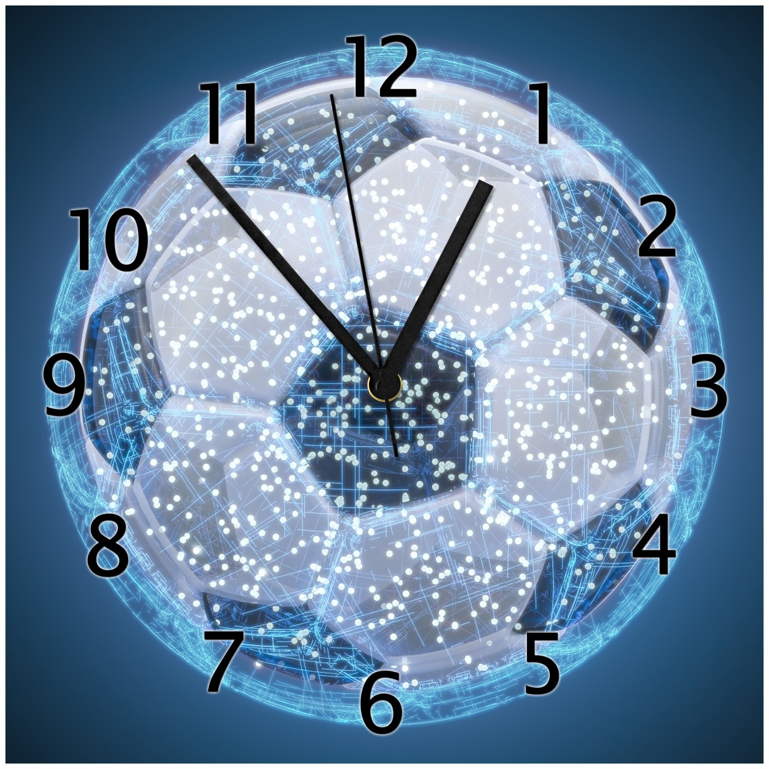 Wallario Uhr 30 x 30 cm, schwarze Zeiger Fu&szlig;ball digital - Netzwerk in blau 