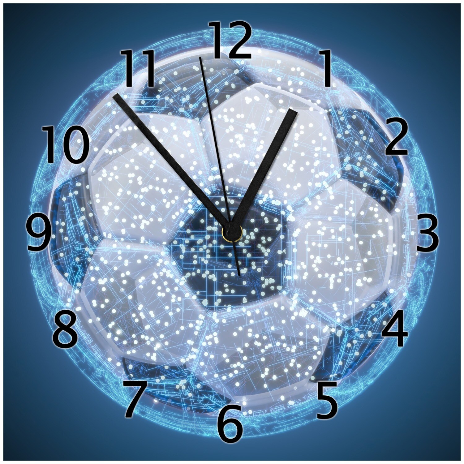 Wallario Uhr 30 x 30 cm, schwarze Zeiger Fußball digital - Netzwerk in blau