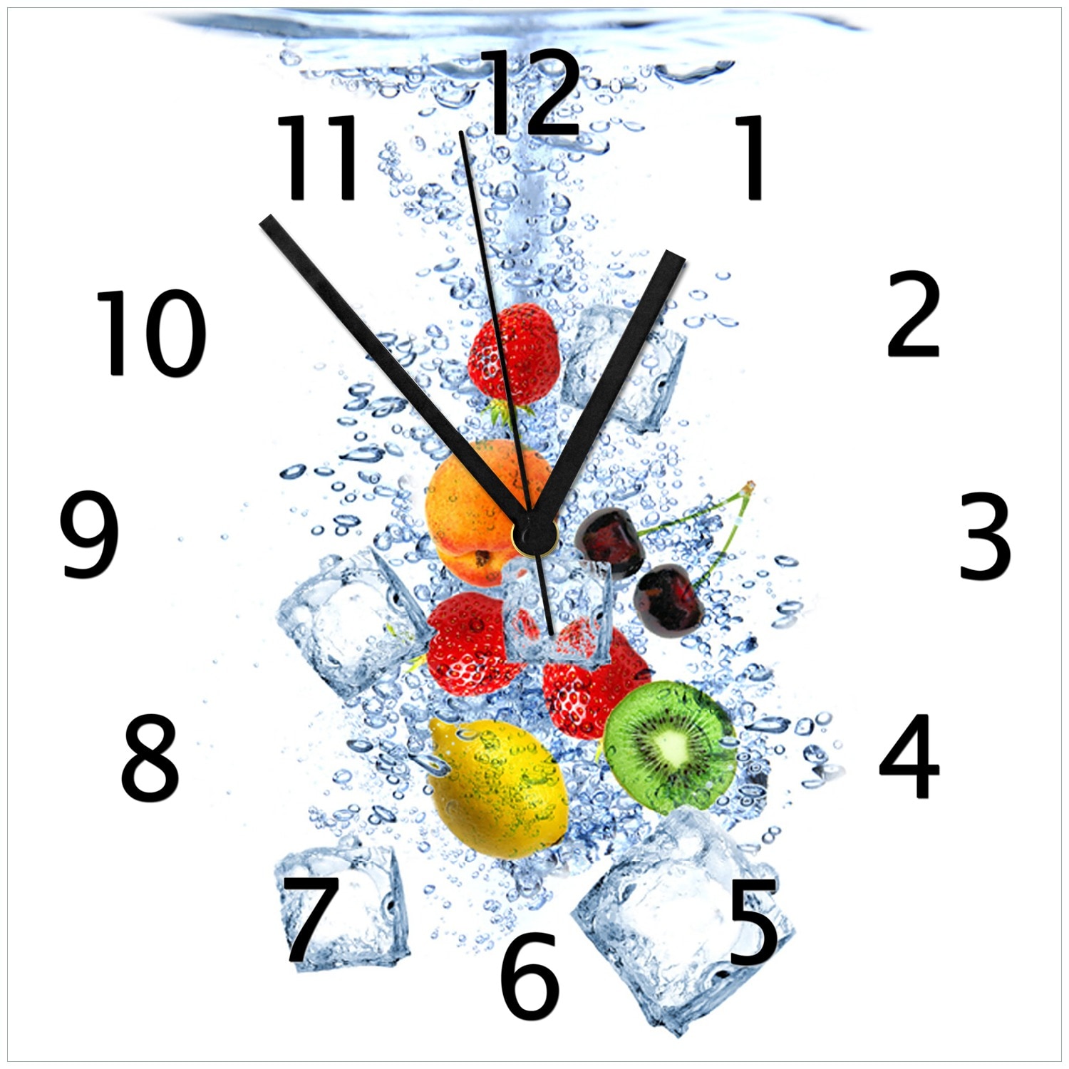 Wallario Uhr 20 x 20 cm, wei&szlig;e Zeiger Obst-Eisw&uuml;rfel-Mix im Wasser mit wei&szlig;em Hintergrund 