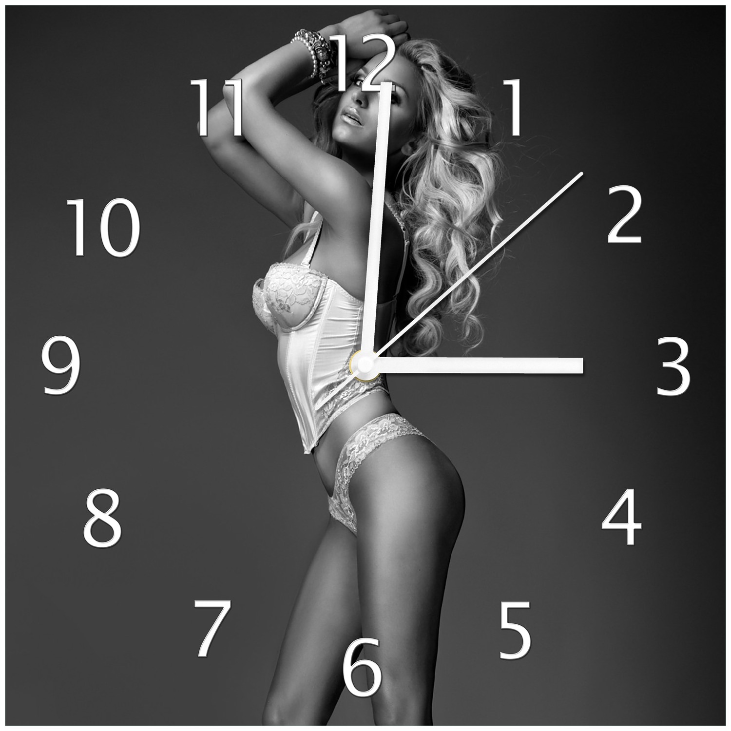 Wallario Uhr 20 x 20 cm, wei&szlig;e Zeiger Sexy Beine - Blondine mit langen Beinen in Unterw&auml;sche 