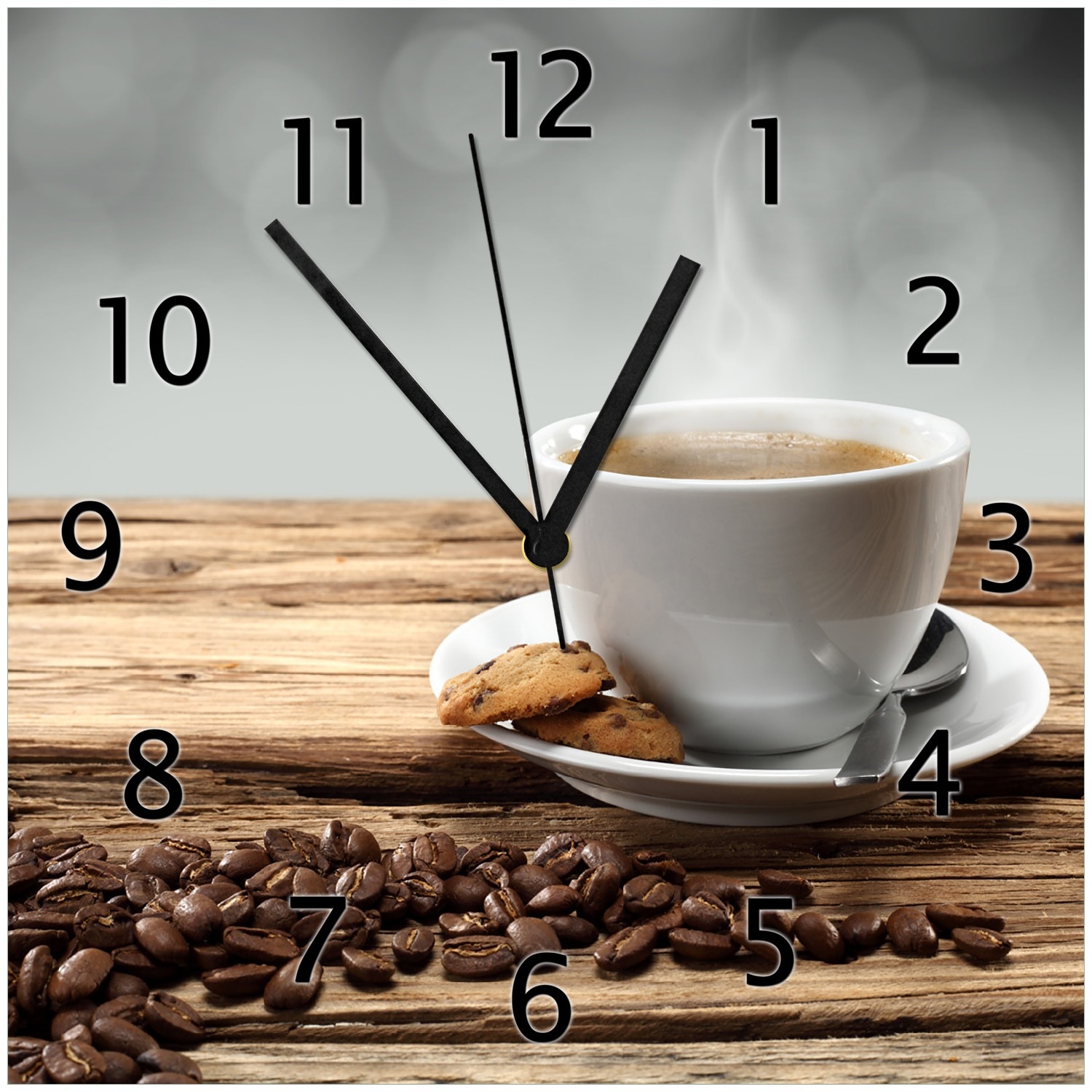 Wallario Uhr 20 x 20 cm, wei&szlig;e Zeiger Hei&szlig;e Tasse Kaffee mit Kaffeebohnen 