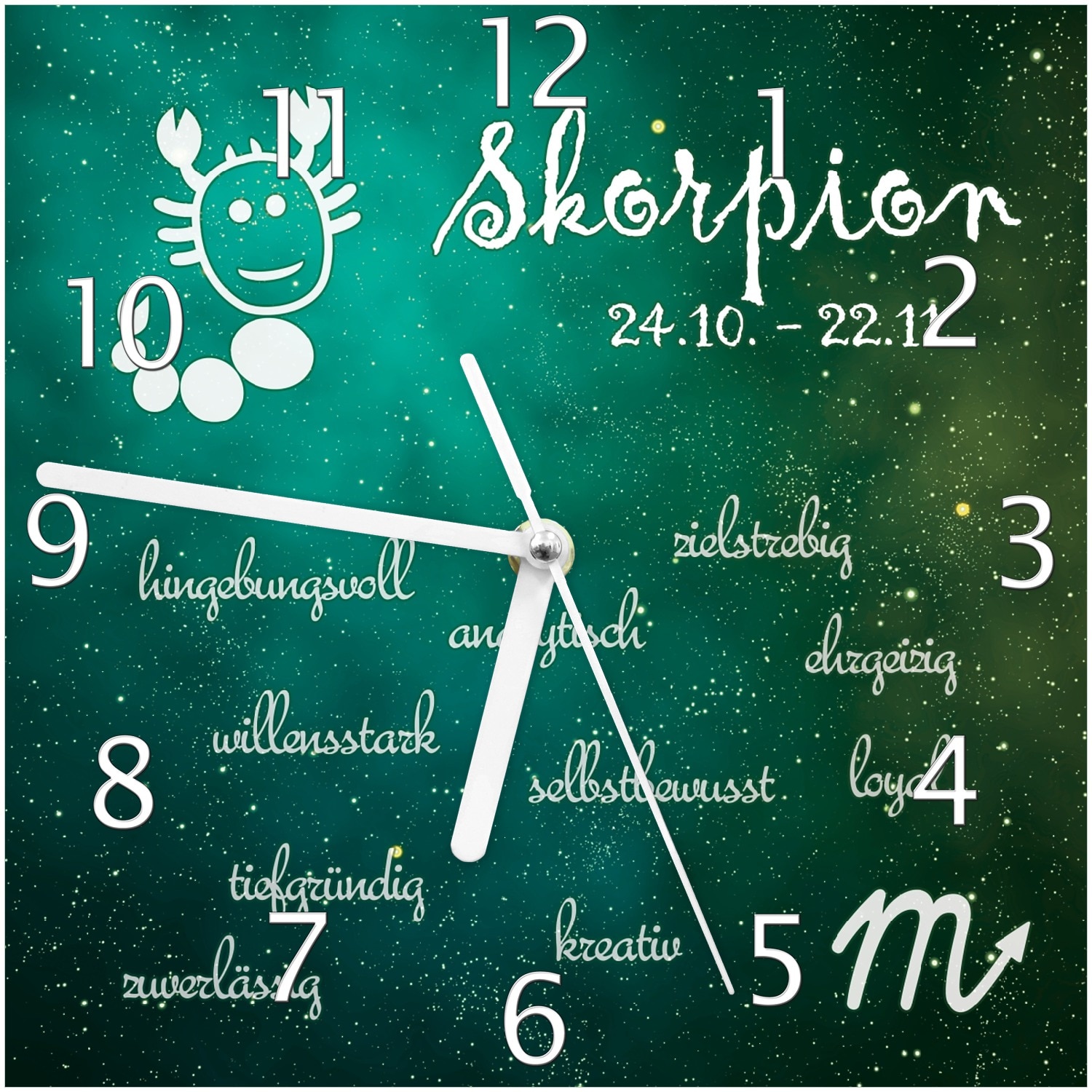 Wallario Uhr 20 x 20 cm, wei&szlig;e Zeiger Sternzeichen Skorpion 
