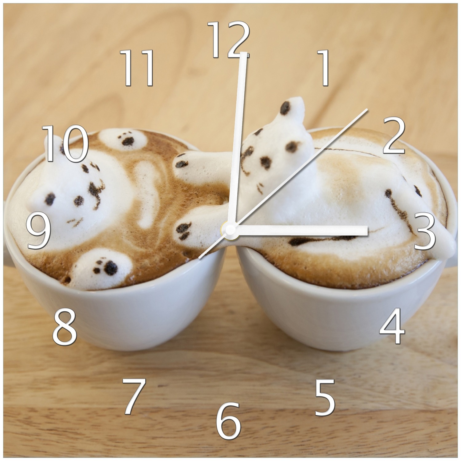 Wallario Uhr 20 x 20 cm, wei&szlig;e Zeiger S&uuml;&szlig;e Milchschaum Katzen auf Kaffee 