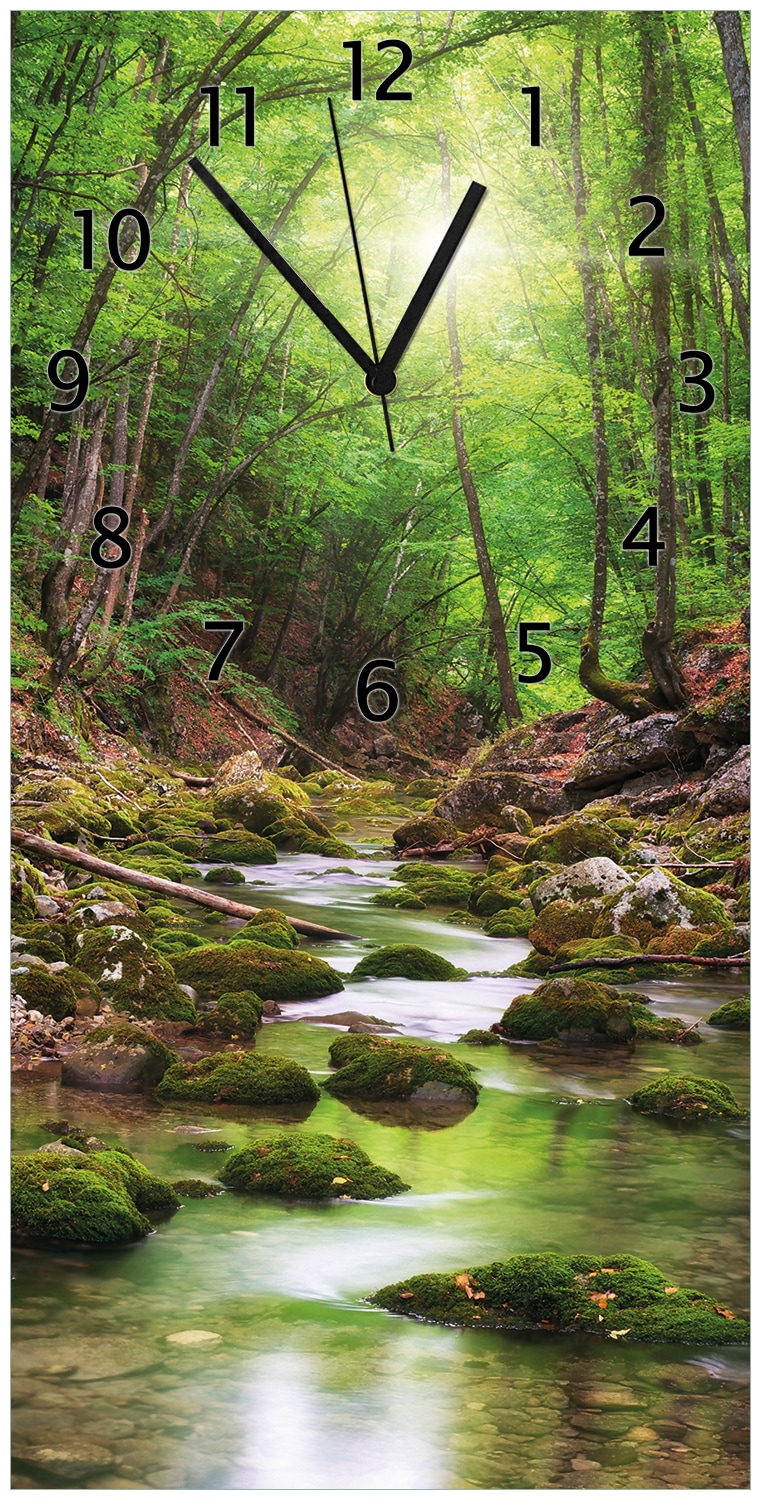 Wallario Uhr 30 x 60 cm, schwarze Zeiger Fluss im Wald 