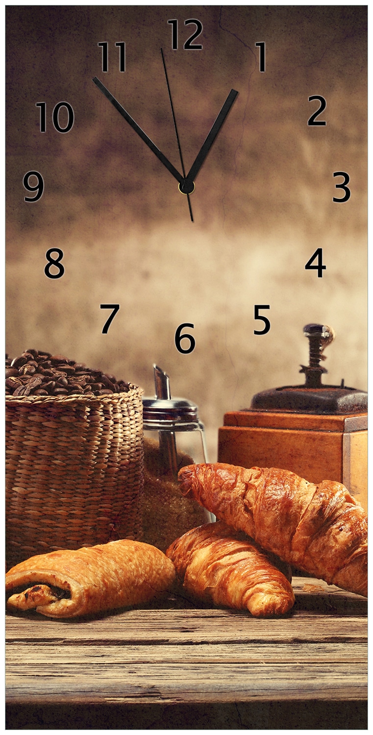 Wallario Uhr 30 x 60 cm, schwarze Zeiger Franz&ouml;sisches Fr&uuml;hst&uuml;ck mit Caf&eacute; und Croissants 