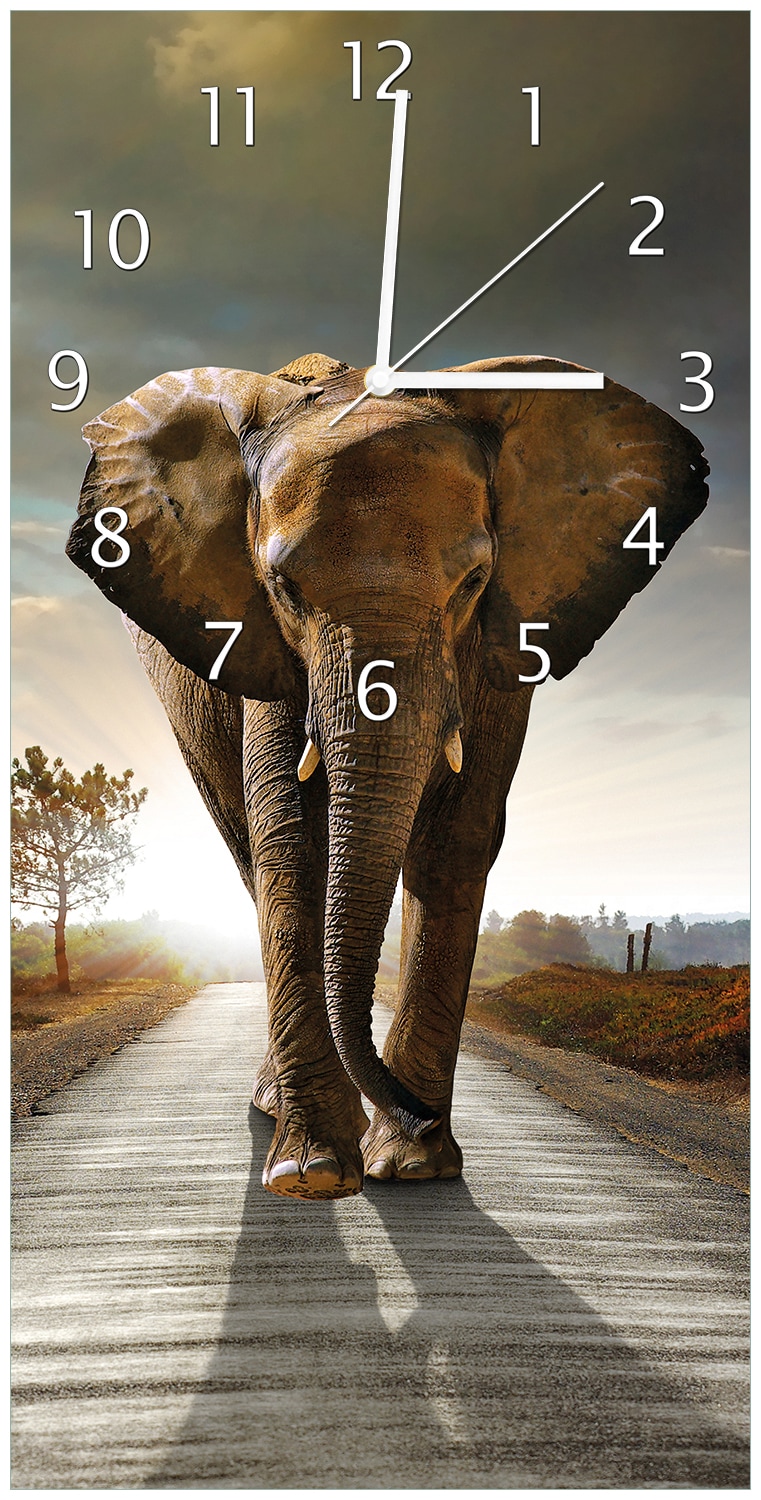 Wallario Uhr 30 x 60 cm, wei&szlig;e Zeiger Elefant bei Sonnenaufgang in Afrika 