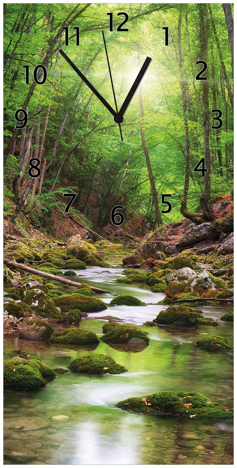 Wallario Uhr 30 x 60 cm, weiße Zeiger Fluss im Wald