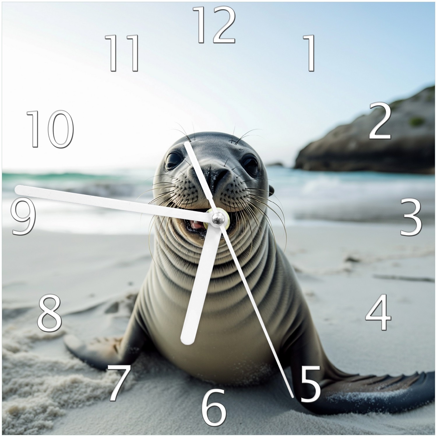 Wallario Uhr 20 x 20 cm, wei&szlig;e Zeiger Robbe am Strand 