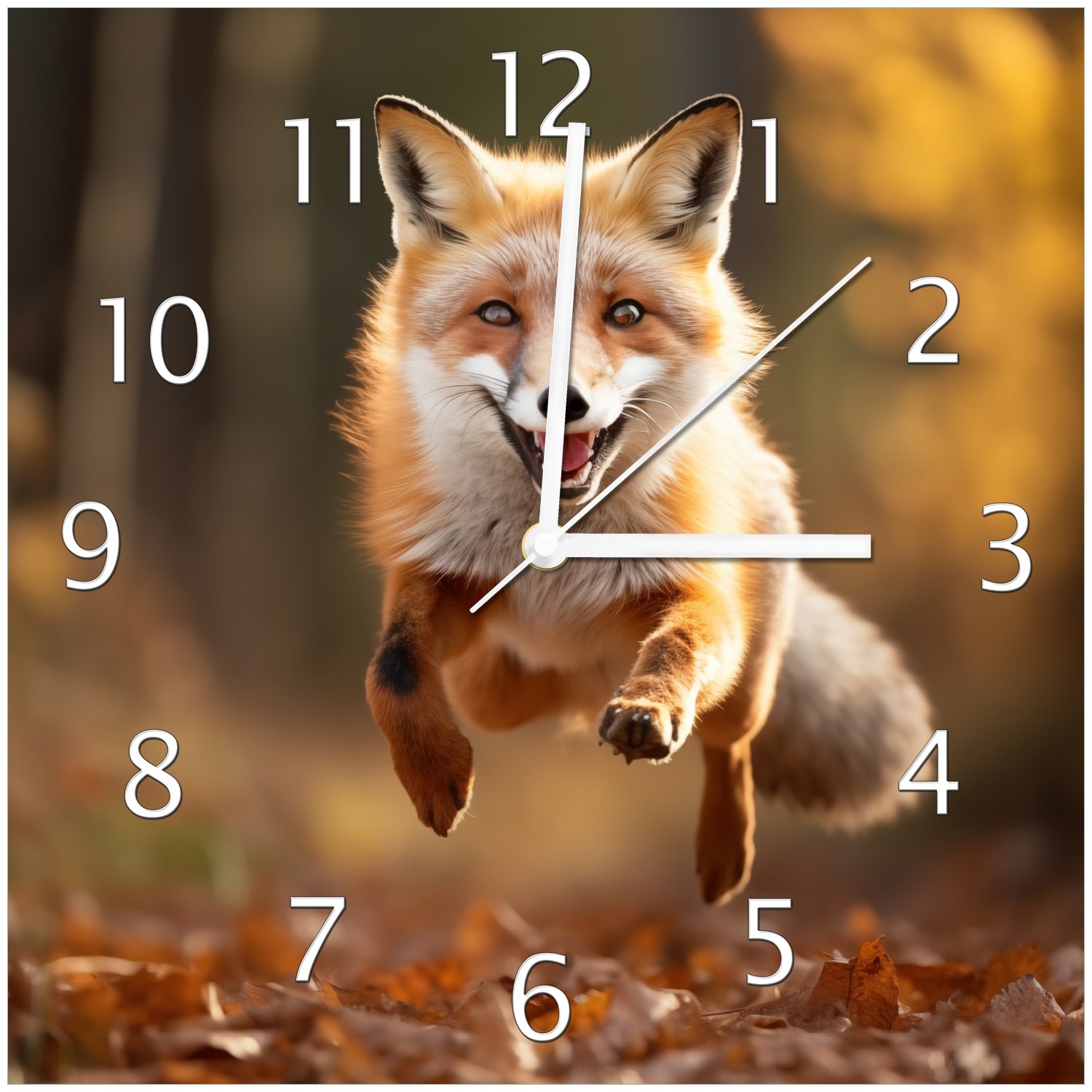 Wallario Uhr 20 x 20 cm, wei&szlig;e Zeiger Rennender Fuchs 