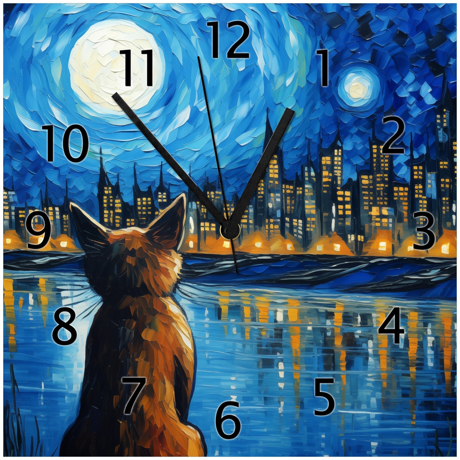 Wallario Uhr 20 x 20 cm, wei&szlig;e Zeiger Katze im Mondschein 