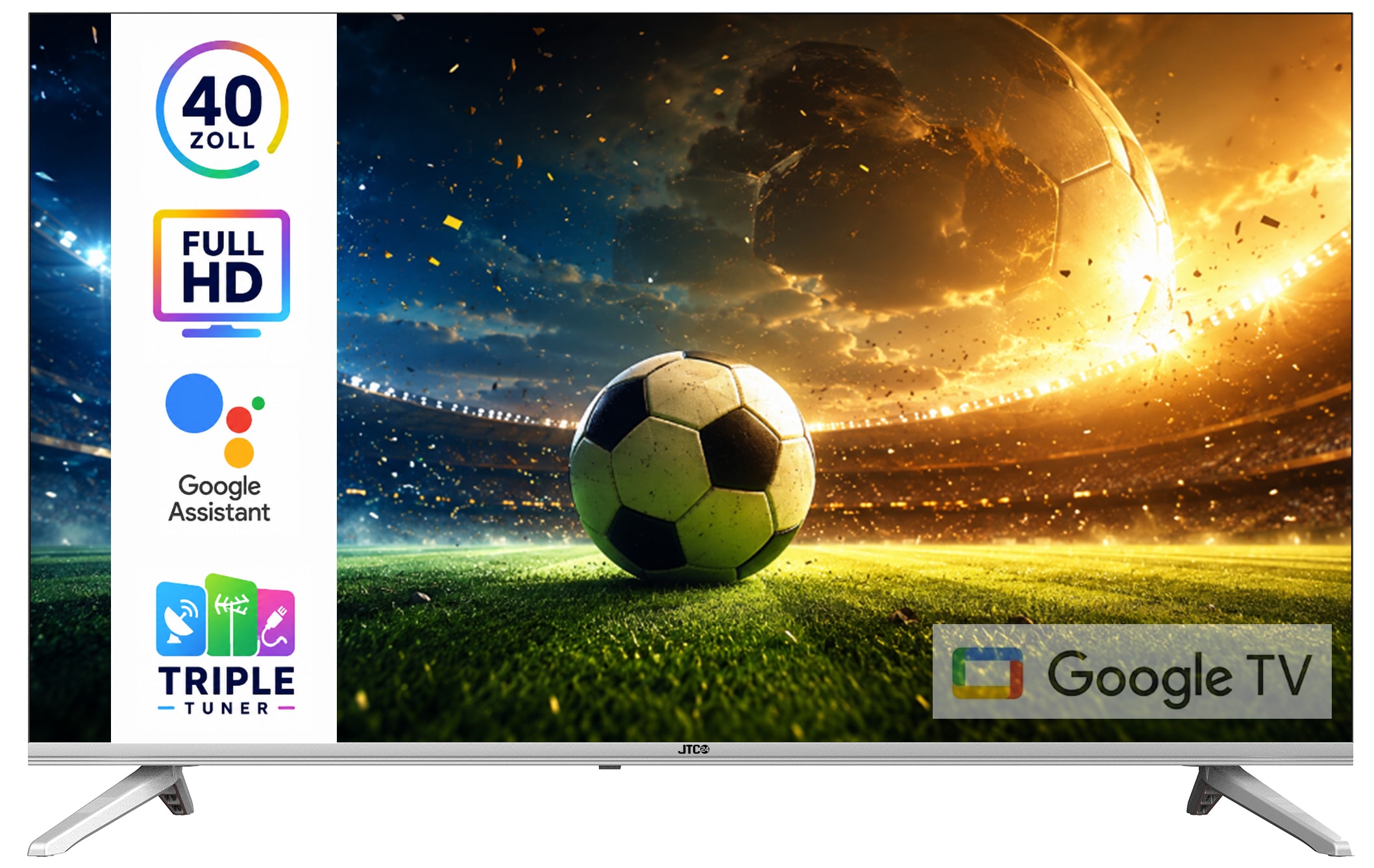 JTC-24 40 Zoll / 100 cm QLED Smart Fernseher JTCSQ40F39405G, Android TV, Play Store, Google Sprachsteuerung, Triple Tuner, Bluetooth, Rahmenlos-Design 