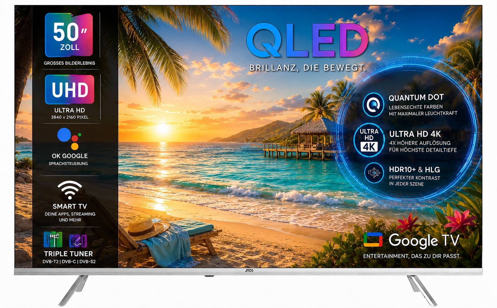 JTC-24 50 Zoll (126 cm) QLED 4K UHD Smart TV/Fernseher JTCSQ50U39505G, Google TV, Android OS, Dolby Vision, Triple Tuner, Bluetooth, Sprachsteuerung, HDR10+ 
