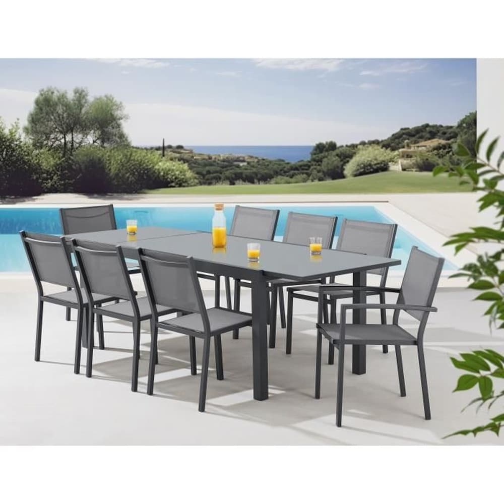 CALVI Garten-Essgruppe f&uuml;r 6 bis 8 Personen: Ausziehbarer Tisch (180&ndash;240 cm) + 2 Armlehnst&uuml;hle + 6 St&uuml;hle &ndash; Grau 