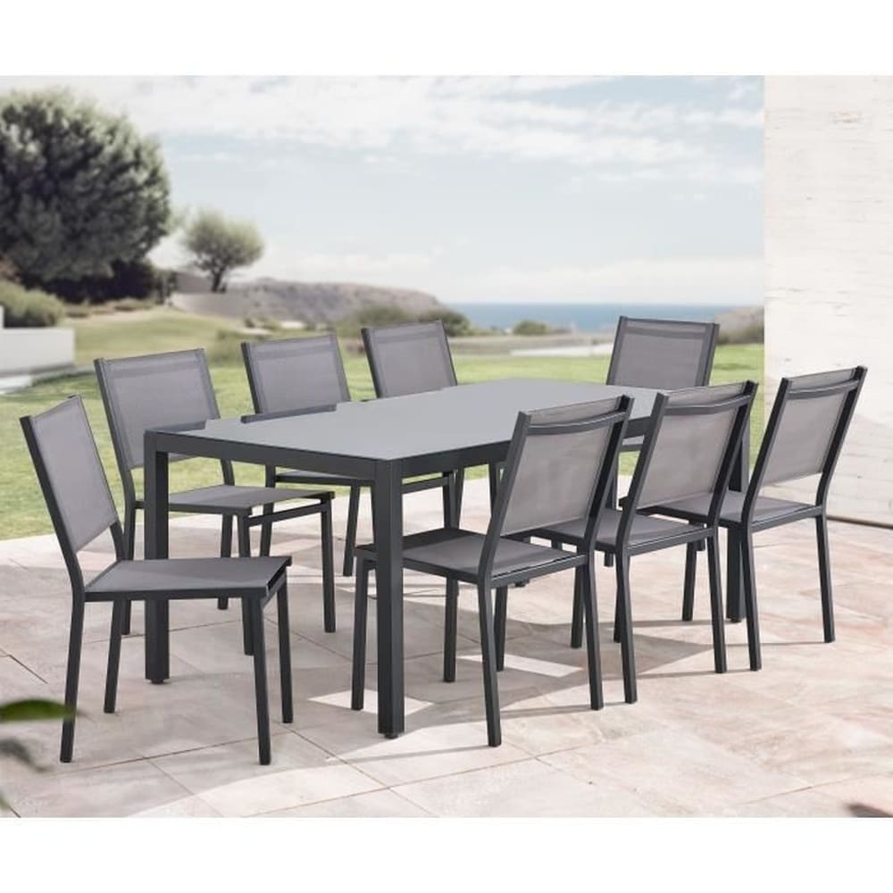 CALVI Garten-Essgruppe: 180 cm Tisch + 8 St&uuml;hle &ndash; Aluminiumgestell &ndash; Tischplatte aus geh&auml;rtetem Glas &ndash; Grau 