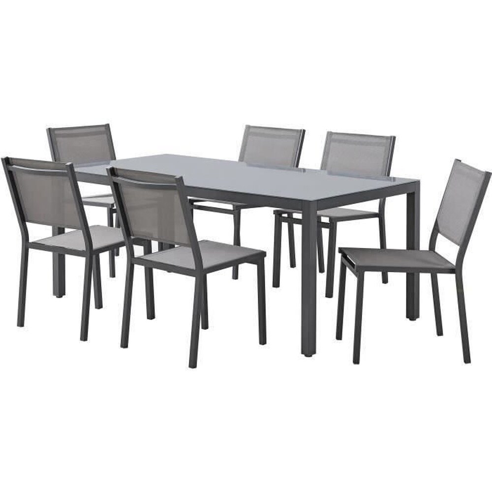 CALVI Gartentisch-Set f&uuml;r 6 Personen: Tisch + 6 St&uuml;hle &ndash; Aluminiumgestell &ndash; L 180 x T 90 x H 72 cm &ndash; Anthrazitgrau 
