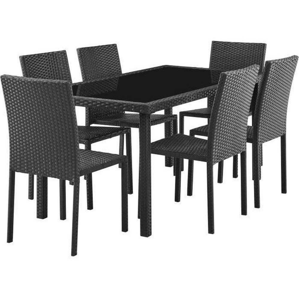 CALVI Garten-Essgruppe &ndash; Tisch aus geh&auml;rtetem Glas und 8 schwarze St&uuml;hle aus Kunstharzgeflecht &ndash; Tisch: 160 x 80 x 73 cm &ndash; Stuhl: 44 x 54 x 88 cm &ndash; A 