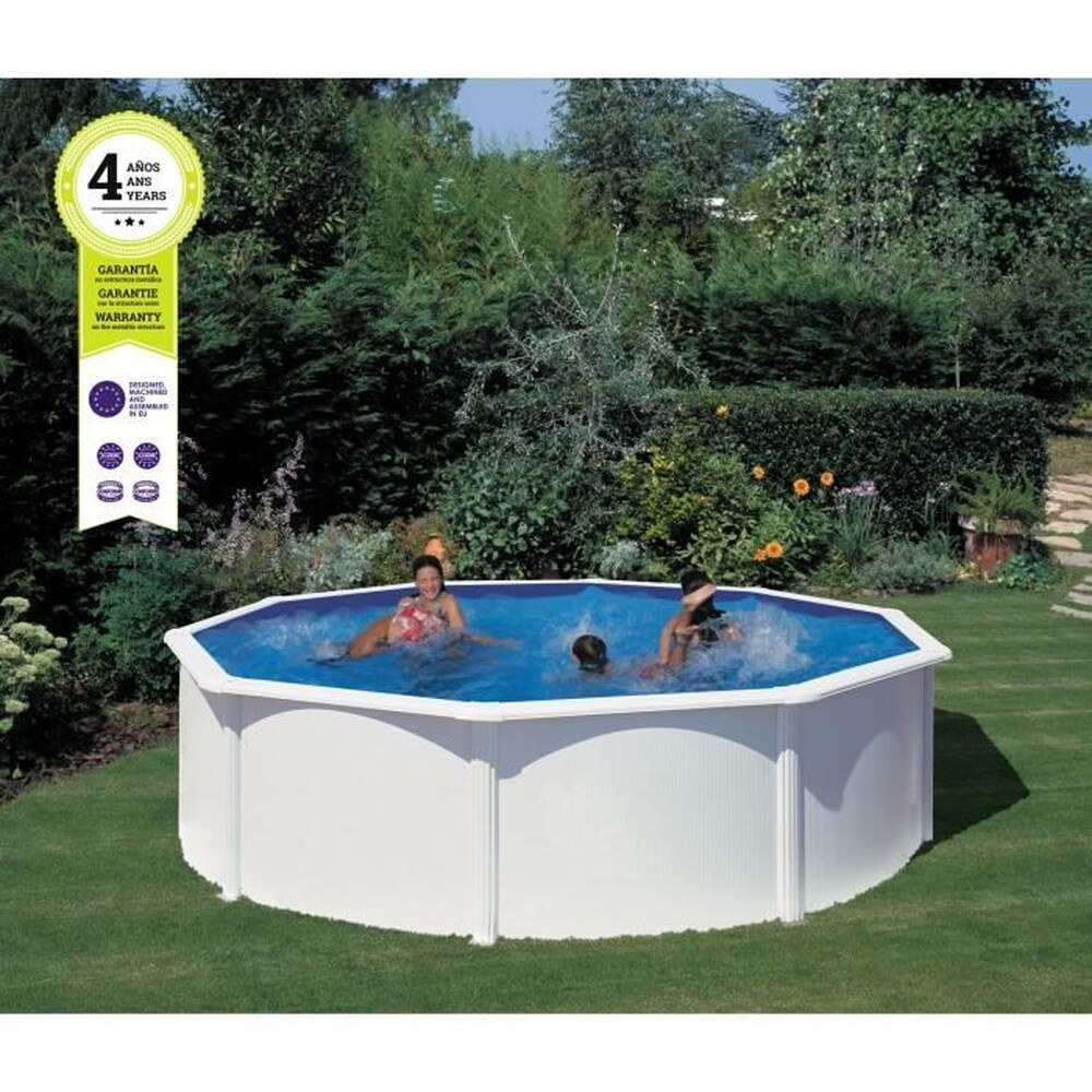 GRE - Weißes rundes Stahl-Aufstellpool-Set Ø480 x 132 cm (Lieferung mit Sandfilter und Leiter)