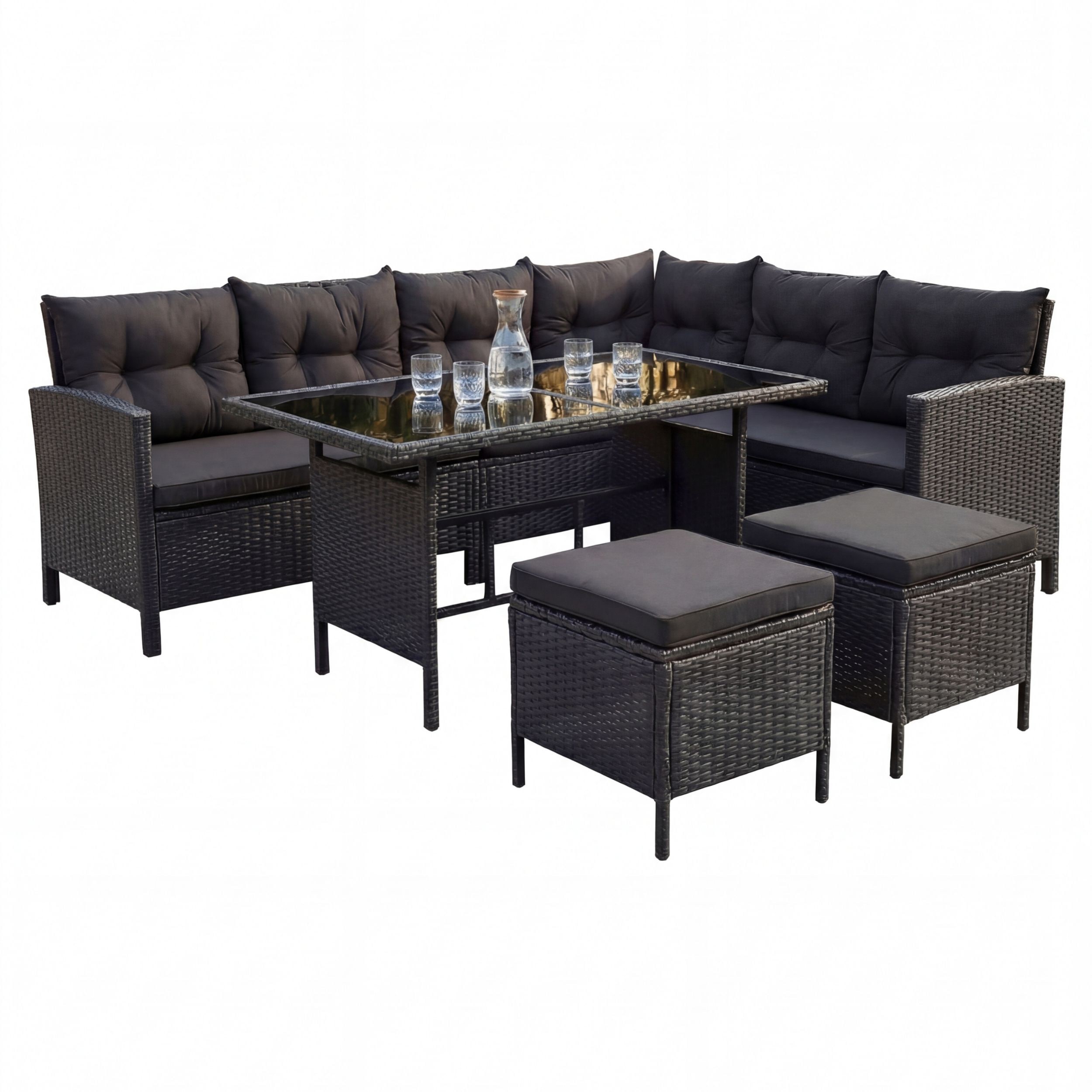 Inspinovia Polyrattan Gartenm&ouml;bel Lounge TERA Schwarz/Schwarz - Sofa, Tisch, Hocker & Kissen - 7 Personen 