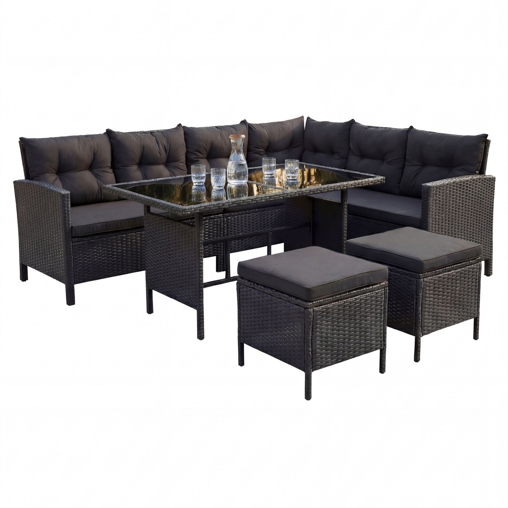 Polyrattan Gartenmöbel Lounge TERA Schwarz/Schwarz - Sofa, Tisch, Hocker & Kissen - 7 Personen